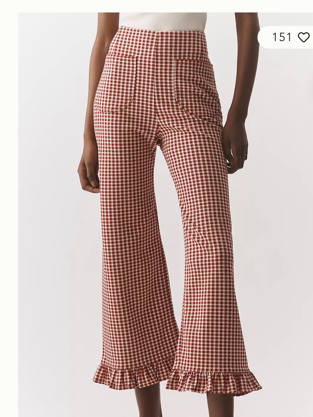 Anthropologie Red and White Gingham Cropped Flare Pants with Ruffle Hem